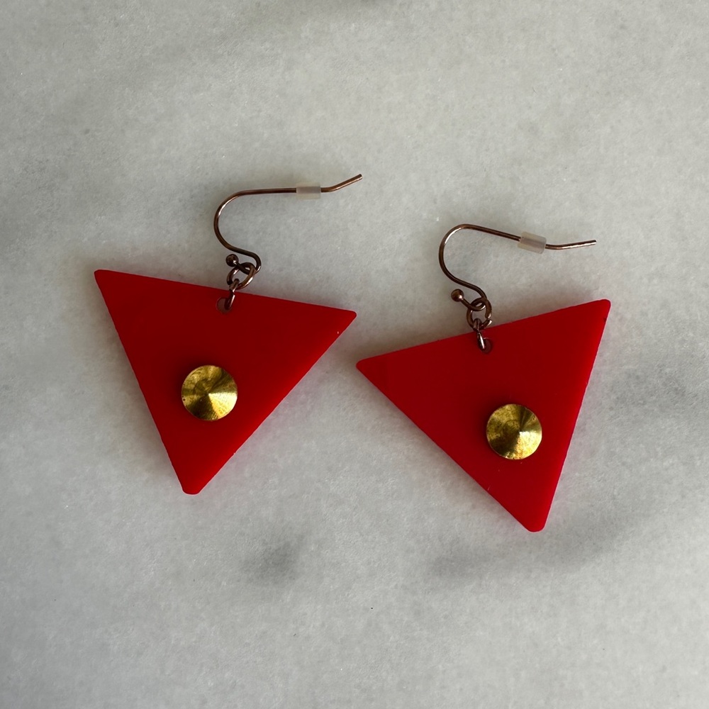 VINTAGE • Red Retro Earrings Upside Down Triangle Gold Tone Fishhook Queer Boho